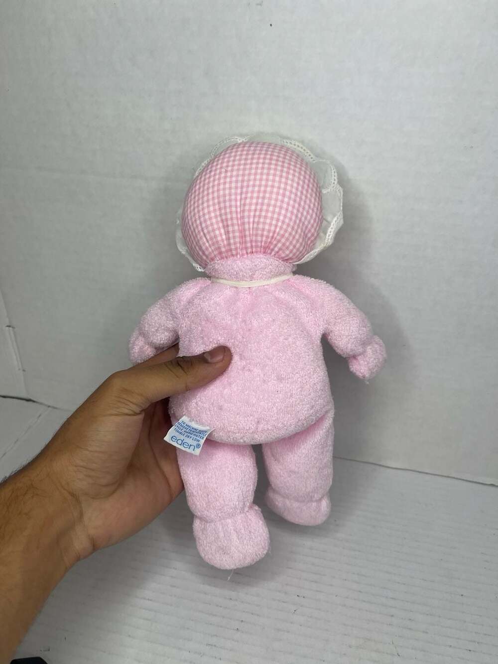 Vintage Eden Toys Pink Plush Terry Cloth Doll w/ Gingham Bonnet - Picture 2 of 6